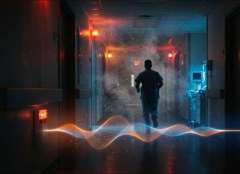 Hospital corridor scene with fire alarm echo and room reflections