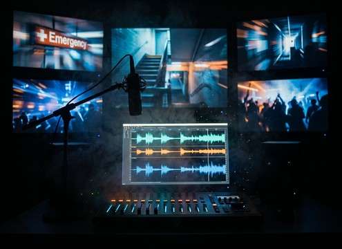 Emergency montage edit with looping fire alarm bed and consistent room tone