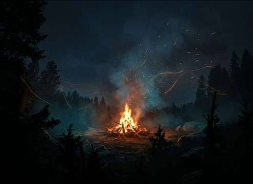 Distant campfire crackling ambience under a wide outdoor shot