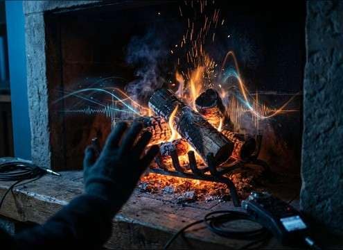 Close fireplace crackle with sharp pop transients for indoor scenes