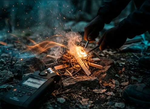 Game scene SFX of lighting a campfire and settling into steady crackle