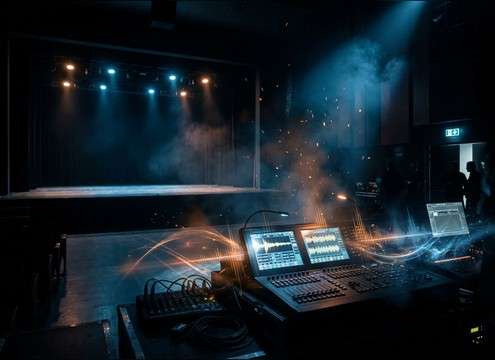 stage cue with distant fire drill siren ambience