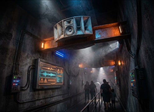 PA warning line for a ride preshow queue