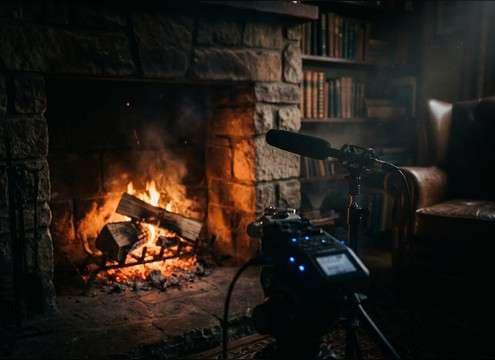 Fireplace ambience under dialogue with controlled crackle and room reflections