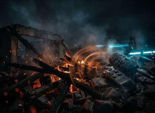 Burning debris ambience with occasional wood collapse ticks
