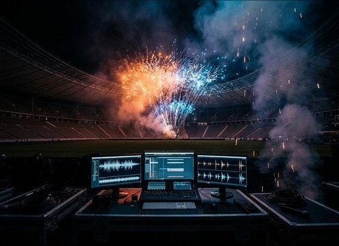 Stadium fireworks salute over cheering crowd ambience