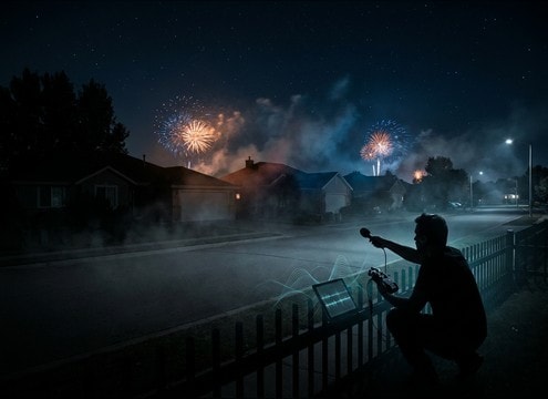 Distant fireworks over a residential street at night