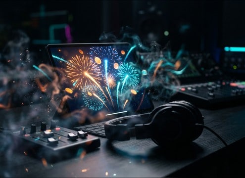 Game reward screen with a short fireworks burst cue