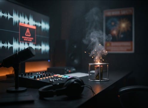 Safety PSA timeline with firecracker and boom sound cues