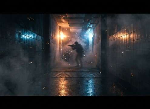 Indoor hallway gunfire with reflections in a scene