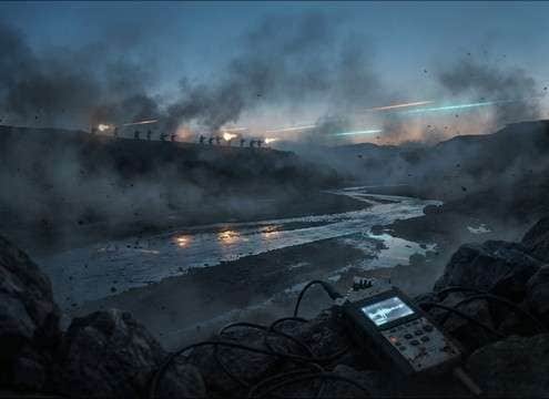 Distant firing heard across an outdoor landscape