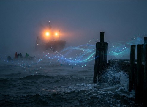 Distant foghorn sound under a foggy harbor establishing shot