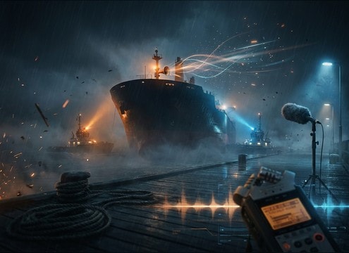 Close ship foghorn blast synced to vessel arrival footage