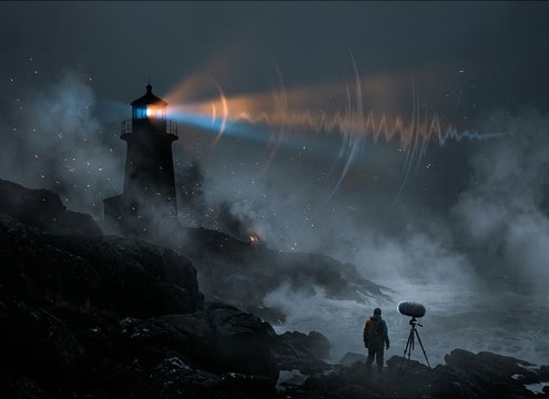 Lighthouse scene with foghorn warning in thick fog