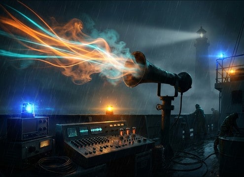 Audio drama transition using a mid-forward foghorn cue
