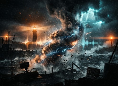 Storm montage with gritty foghorn warning and heavy low-end