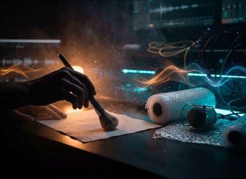 ASMR crafting scene with quiet paper and brush foley