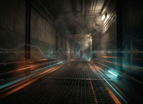 First-person hallway walk with rhythmic footsteps and room reflections