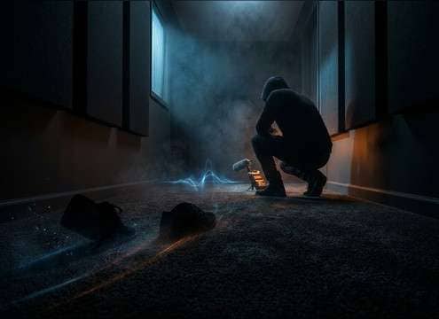 Quiet stealth footsteps approaching a door in a dark interior
