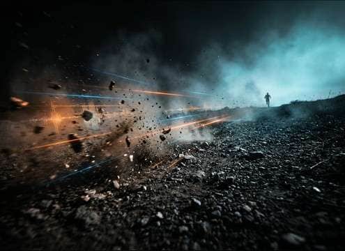 Running footsteps on gravel during an outdoor chase sequence