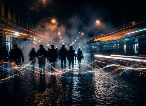 Layered background footsteps for a hallway crowd pass-by