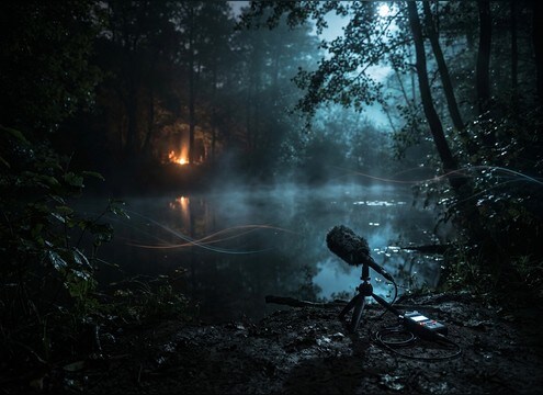 Frog chorus ambience for a night pond establishing scene