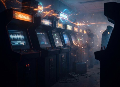 Arcade quiz cabinet using wrong buzzer and correct chime sounds