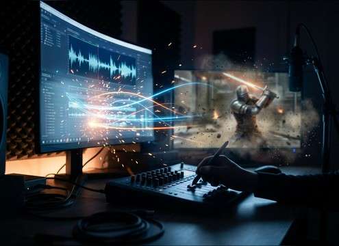 Fantasy melee combat with sword whoosh and hit impact sounds