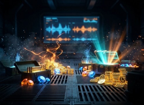 Player collecting loot with pickup chimes and drops