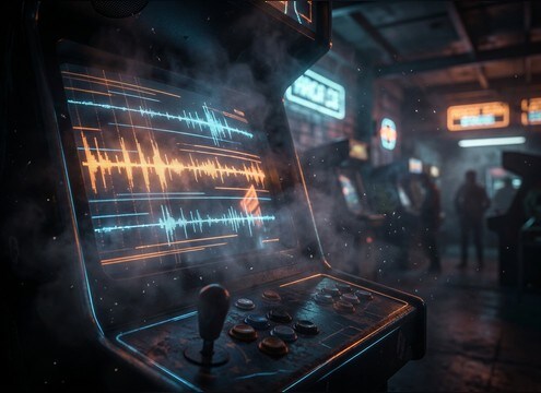Retro arcade scene with 8-bit style sound effects