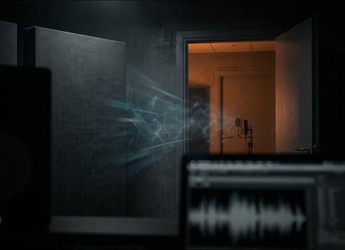 Off-screen voice cue with room tone and distance