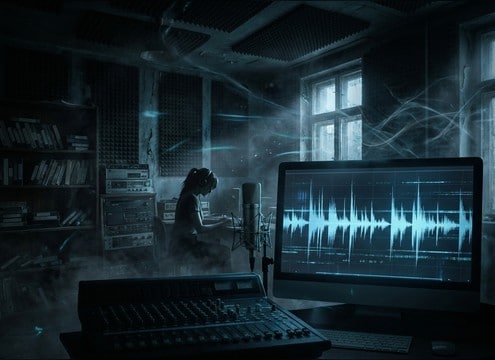 Horror scene whisper sound with low hiss and short tail