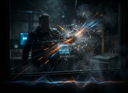 Window glass shatter timed to an on-screen impact