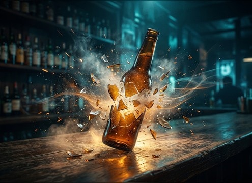 Bottle breaking on a bar floor with tight close-mic sound
