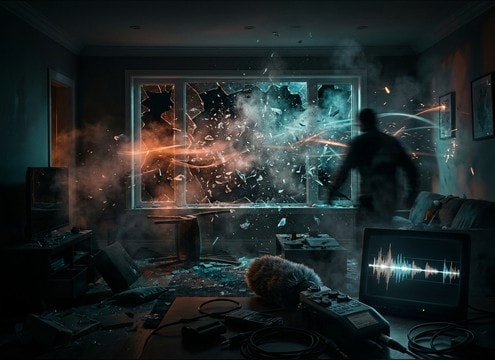 Glass breaking during a tense home entry scene