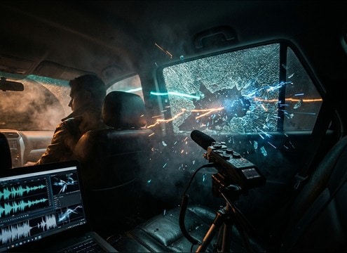 Car window shatter sound for a break-in moment