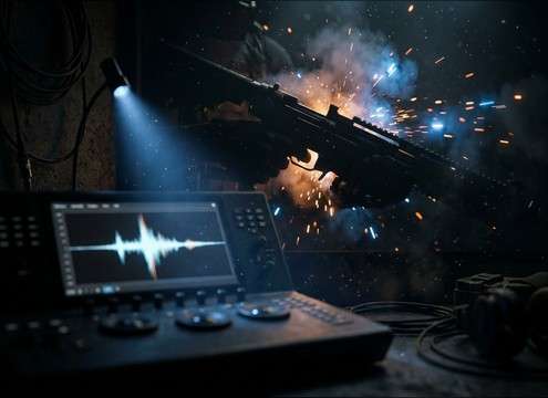 Gun-cocking sound effect accenting a trailer edit point