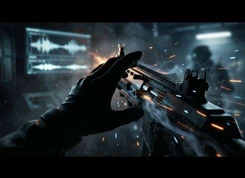 First-person weapon animation with slide rack and safety click SFX