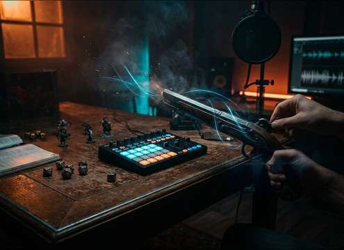 Gun-cocking clips loaded into a tabletop RPG soundboard