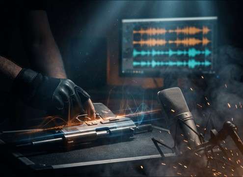 Layered gun cocking and safety click foley in a sound design session