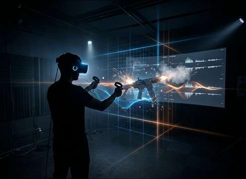 Gun cocking SFX staged for VR with spatial perspective
