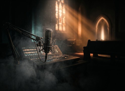 Audio drama scene using a soft whispered hallelujah