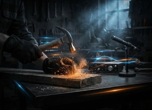Hammer nail sound synced to a woodworking tutorial close-up