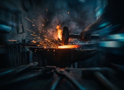 Metal hammer on anvil sound for a blacksmith forge shot