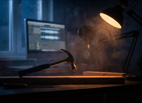 Light hammer tap sound in a small room repair scene