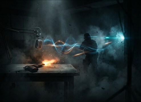 Handgun shots synced under dialogue in an audio drama timeline