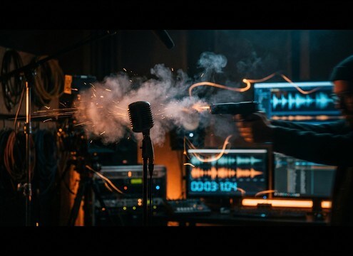 Handgun muzzle flash cut with indoor tail and reflections