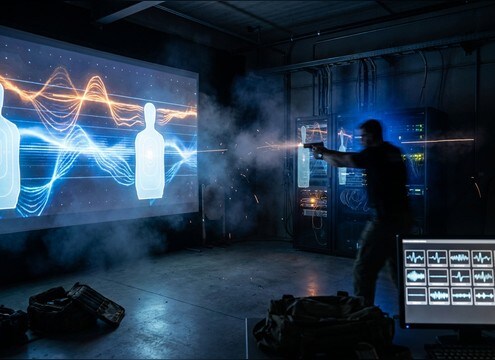 Firearms training simulator with repeatable handgun shot cues