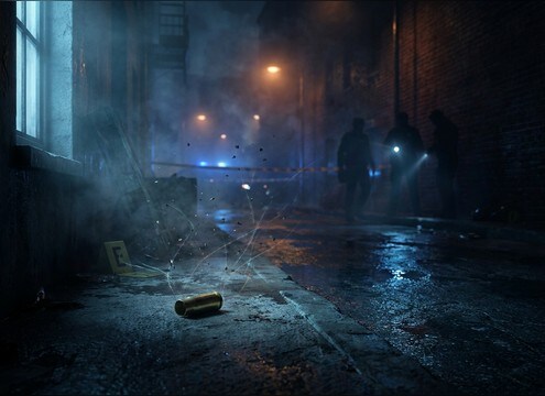Crime reenactment sequence with realistic handgun shot audio