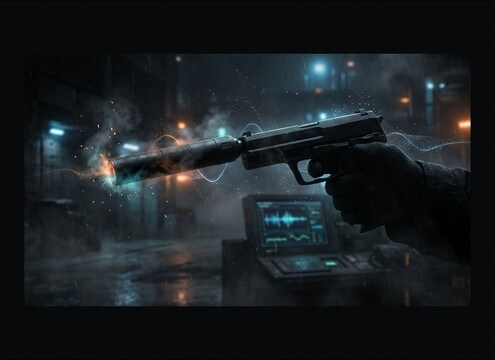 Stealth gameplay moment using suppressed handgun pop and handling foley